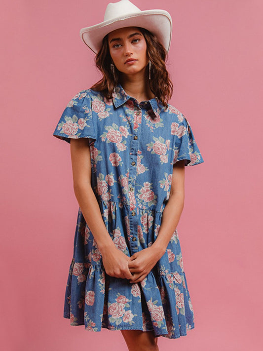 Blue Floral Denim A-Line Lapel Shirt Dress – Woven Cotton, Casual Fit