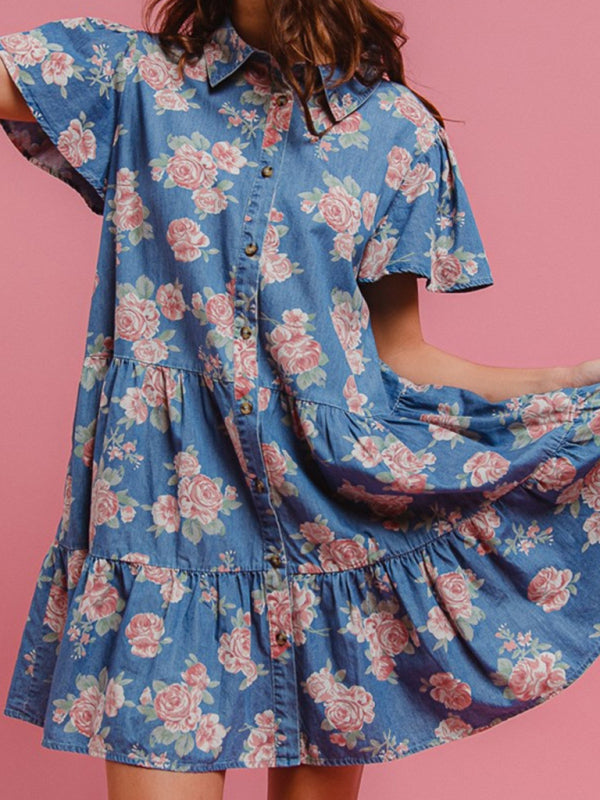 Blue Floral Denim A-Line Lapel Shirt Dress – Woven Cotton, Casual Fit