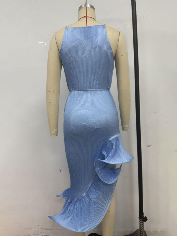 Ruffled Sleeveless Midi Dress – Elegant Solid Color Fit for Spring & Summer
