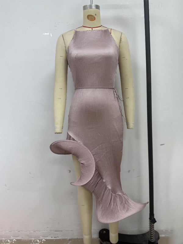 Ruffled Sleeveless Midi Dress – Elegant Solid Color Fit for Spring & Summer