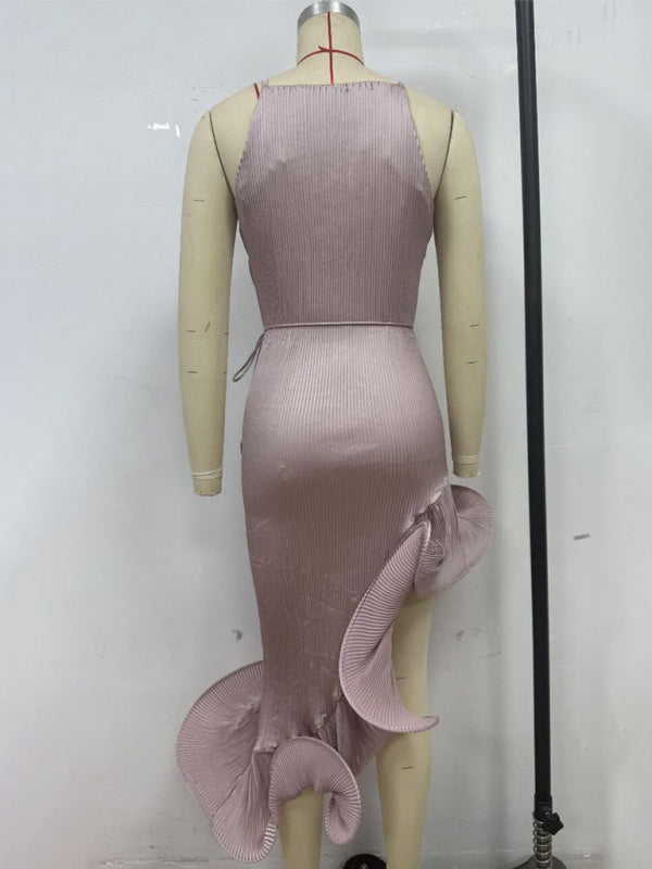 Ruffled Sleeveless Midi Dress – Elegant Solid Color Fit for Spring & Summer