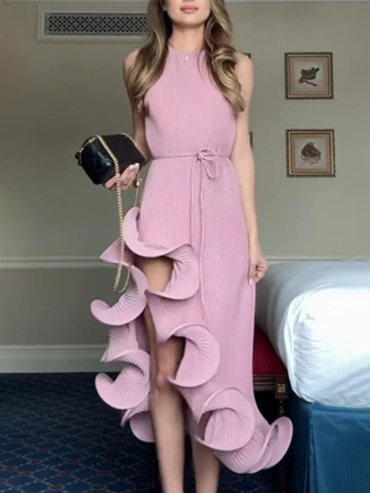 Ruffled Sleeveless Midi Dress – Elegant Solid Color Fit for Spring & Summer