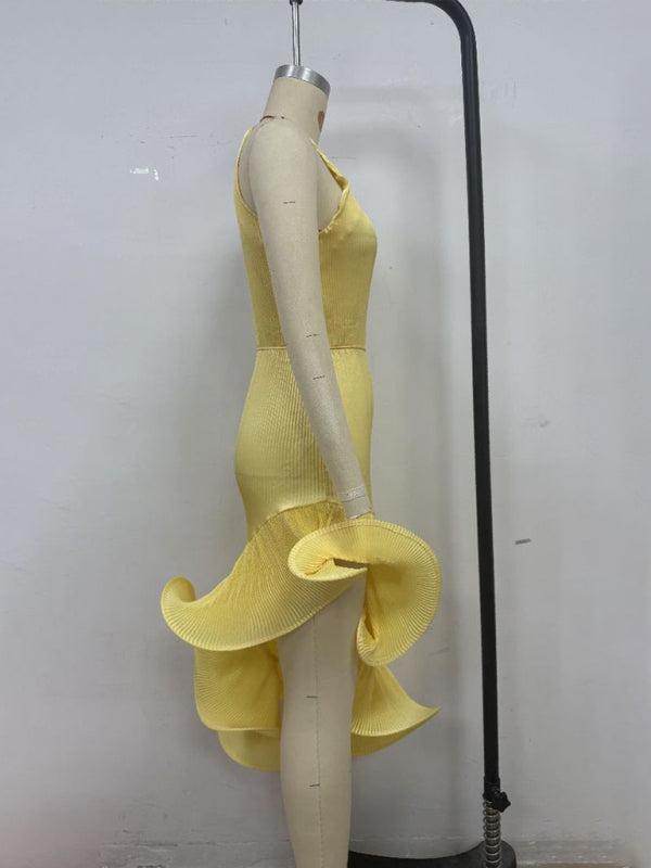 Ruffled Sleeveless Midi Dress – Elegant Solid Color Fit for Spring & Summer
