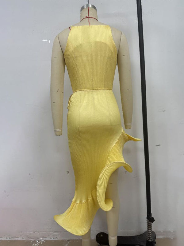 Ruffled Sleeveless Midi Dress – Elegant Solid Color Fit for Spring & Summer