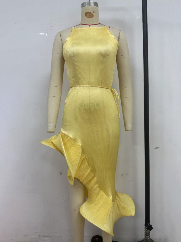 Ruffled Sleeveless Midi Dress – Elegant Solid Color Fit for Spring & Summer