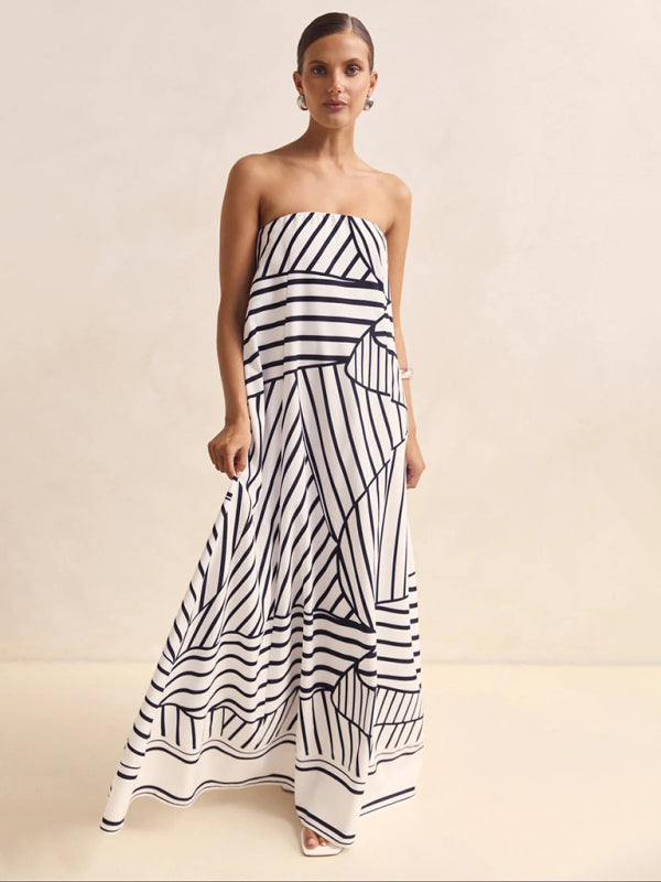 Strapless Black Striped Summer Dress