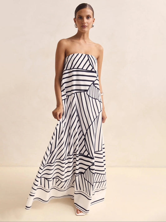 Strapless Black Striped Summer Dress