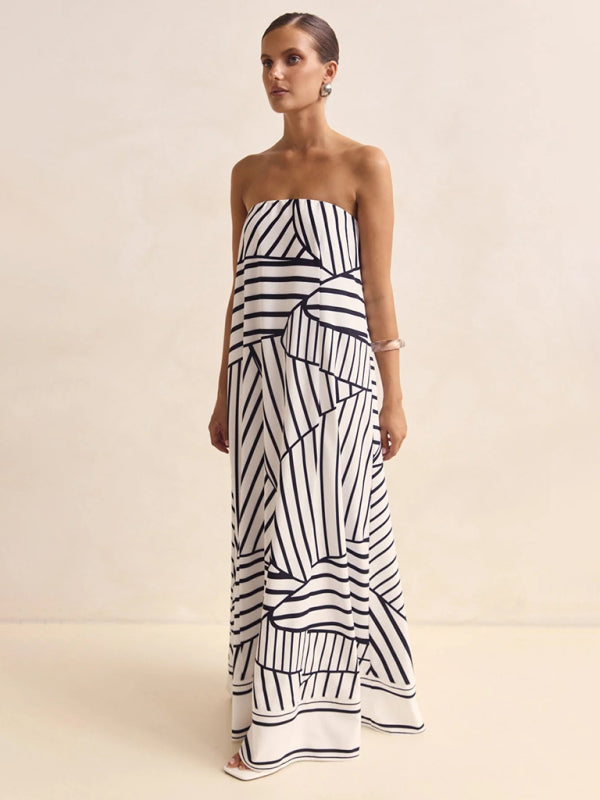 Strapless Black Striped Summer Dress