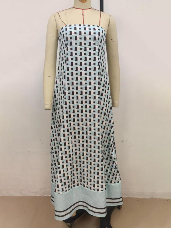 Off-Shoulder Brown Checkered Maxi Dress – Strapless Vacation Style