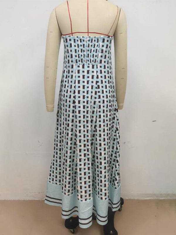 Off-Shoulder Brown Checkered Maxi Dress – Strapless Vacation Style