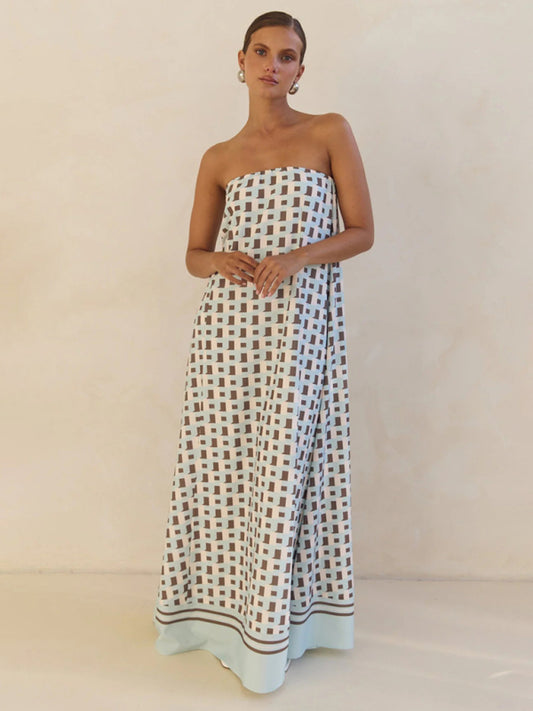 Off-Shoulder Brown Checkered Maxi Dress – Strapless Vacation Style