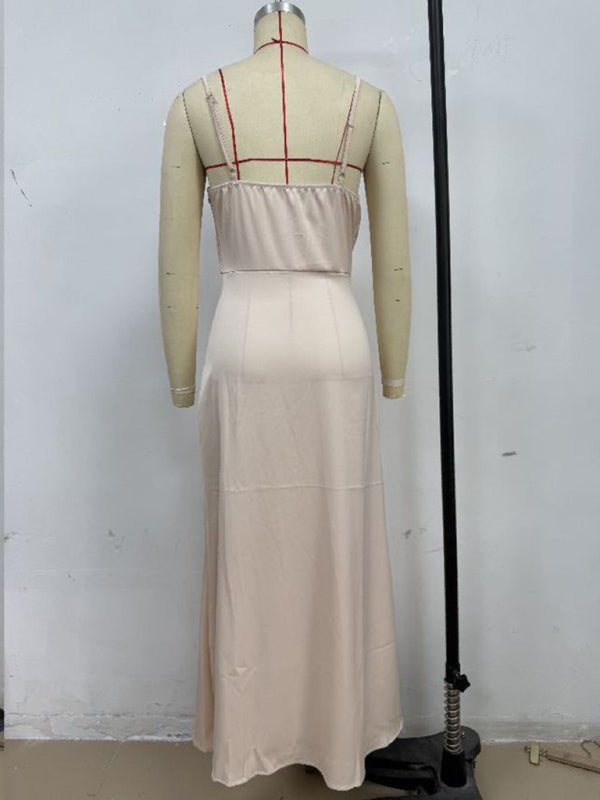 Satin Midi Slip Dress – Solid Color, Adjustable Spaghetti Straps, Spring-Summer