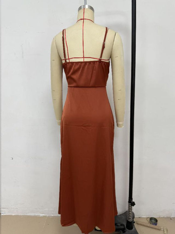 Satin Midi Slip Dress – Solid Color, Adjustable Spaghetti Straps, Spring-Summer