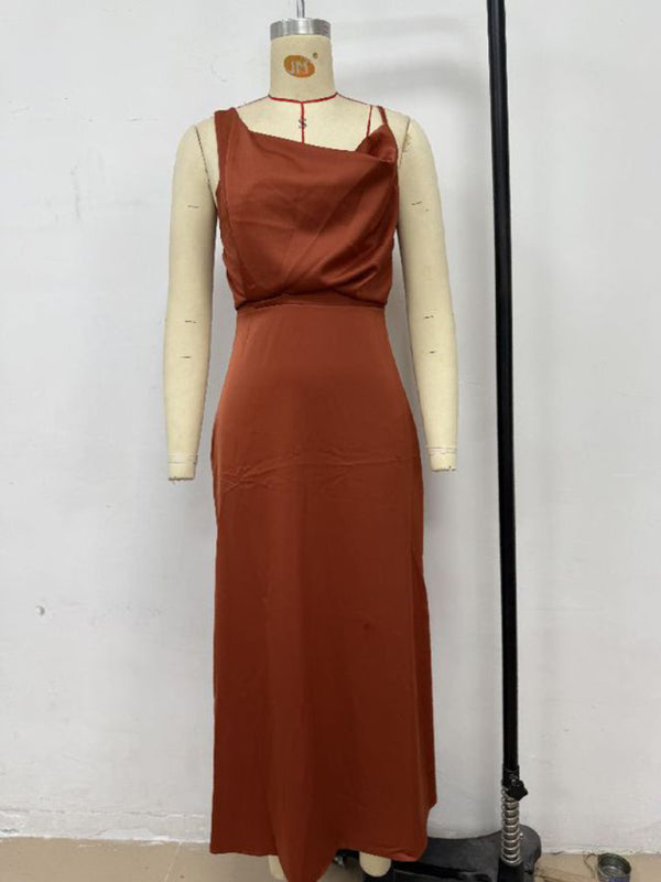 Satin Midi Slip Dress – Solid Color, Adjustable Spaghetti Straps, Spring-Summer