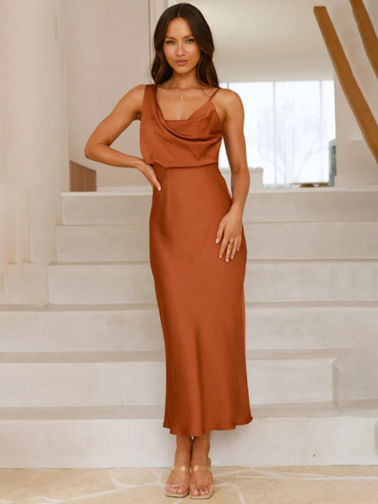 Satin Midi Slip Dress – Solid Color, Adjustable Spaghetti Straps, Spring-Summer