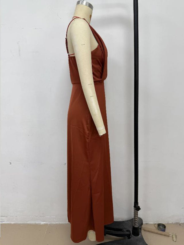 Satin Midi Slip Dress – Solid Color, Adjustable Spaghetti Straps, Spring-Summer