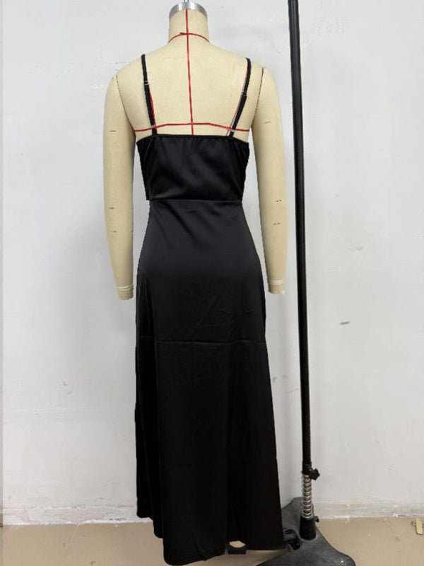 Satin Midi Slip Dress – Solid Color, Adjustable Spaghetti Straps, Spring-Summer