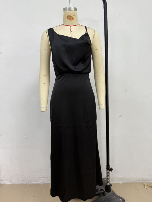 Satin Midi Slip Dress – Solid Color, Adjustable Spaghetti Straps, Spring-Summer