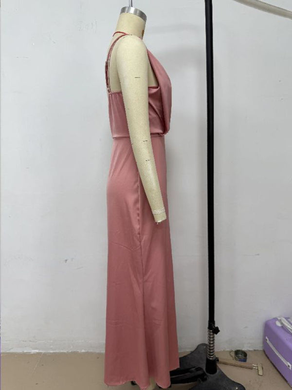 Satin Midi Slip Dress – Solid Color, Adjustable Spaghetti Straps, Spring-Summer
