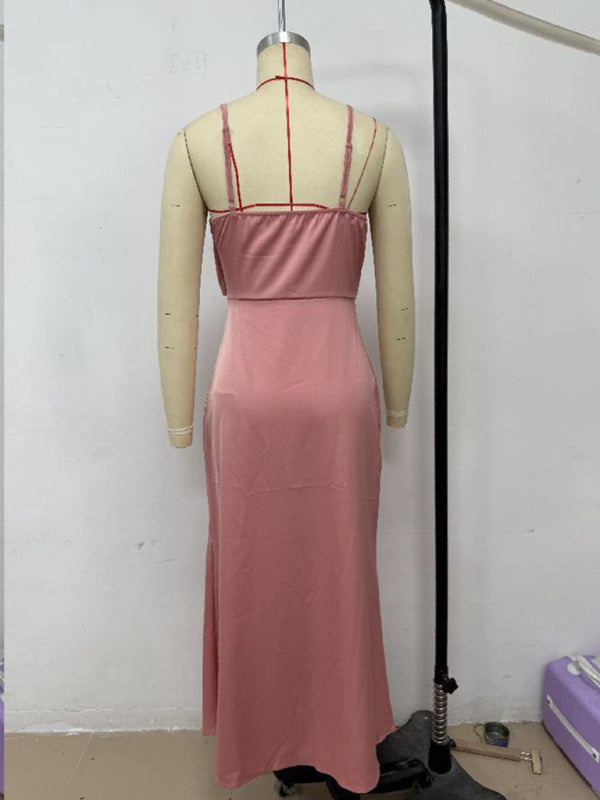 Satin Midi Slip Dress – Solid Color, Adjustable Spaghetti Straps, Spring-Summer
