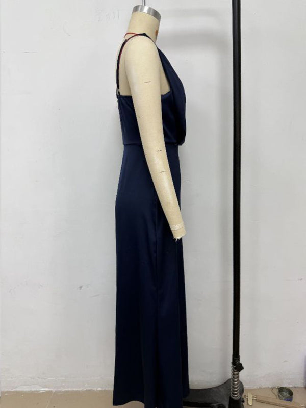 Satin Midi Slip Dress – Solid Color, Adjustable Spaghetti Straps, Spring-Summer