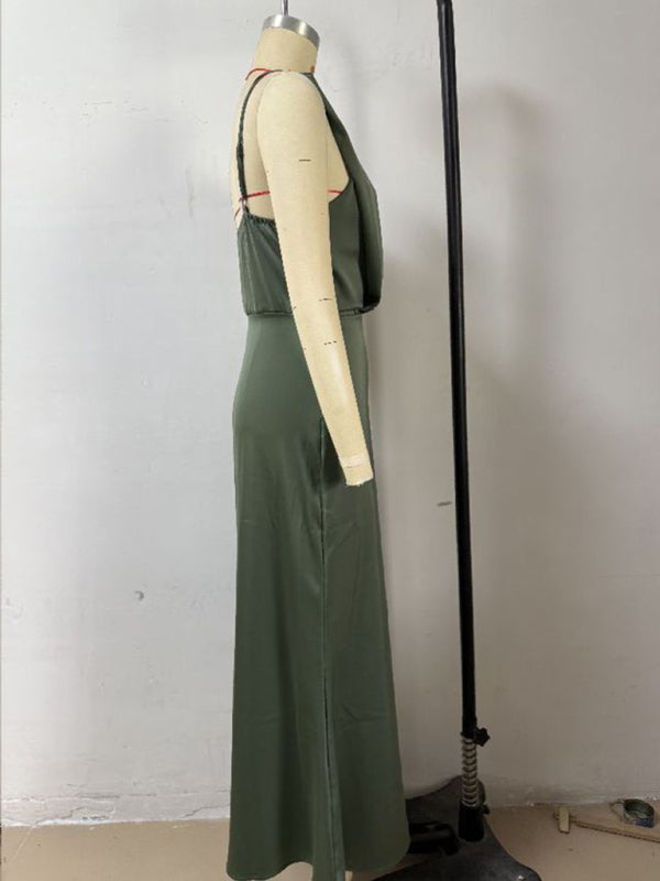 Satin Midi Slip Dress – Solid Color, Adjustable Spaghetti Straps, Spring-Summer