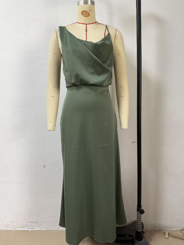 Satin Midi Slip Dress – Solid Color, Adjustable Spaghetti Straps, Spring-Summer