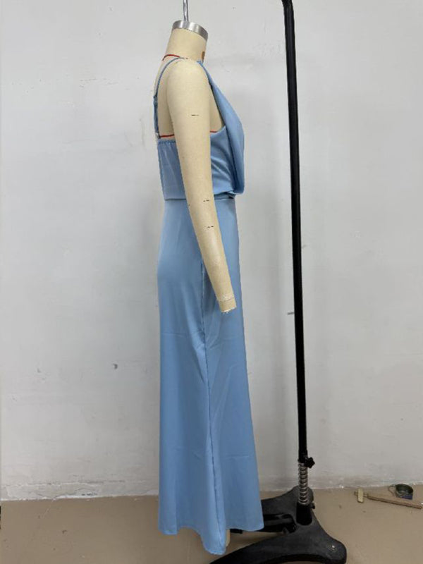 Satin Midi Slip Dress – Solid Color, Adjustable Spaghetti Straps, Spring-Summer