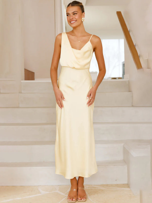 Satin Midi Slip Dress – Solid Color, Adjustable Spaghetti Straps, Spring-Summer