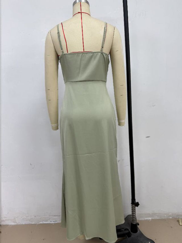 Satin Midi Slip Dress – Solid Color, Adjustable Spaghetti Straps, Spring-Summer