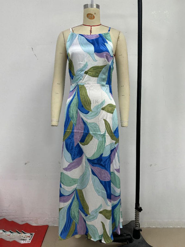 Printed Backless Vacation Maxi Dress – Sleeveless, Woven Polyester