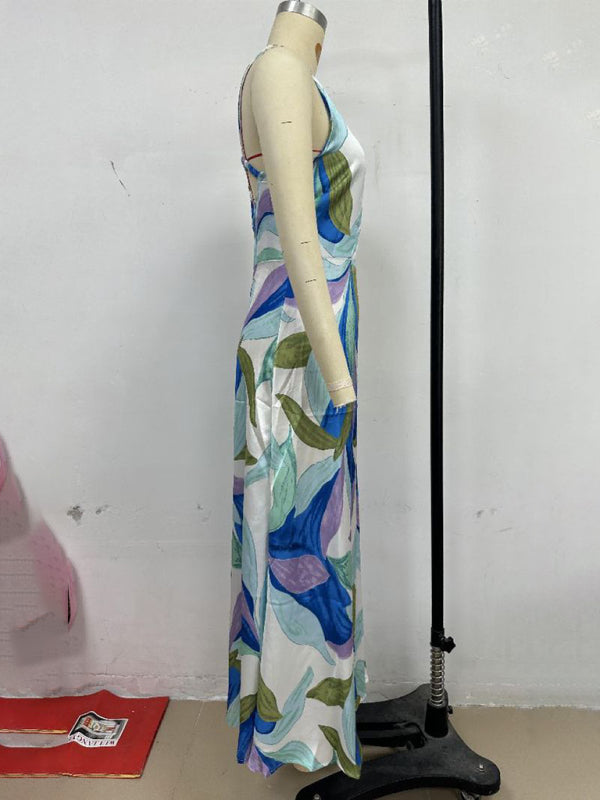 Printed Backless Vacation Maxi Dress – Sleeveless, Woven Polyester