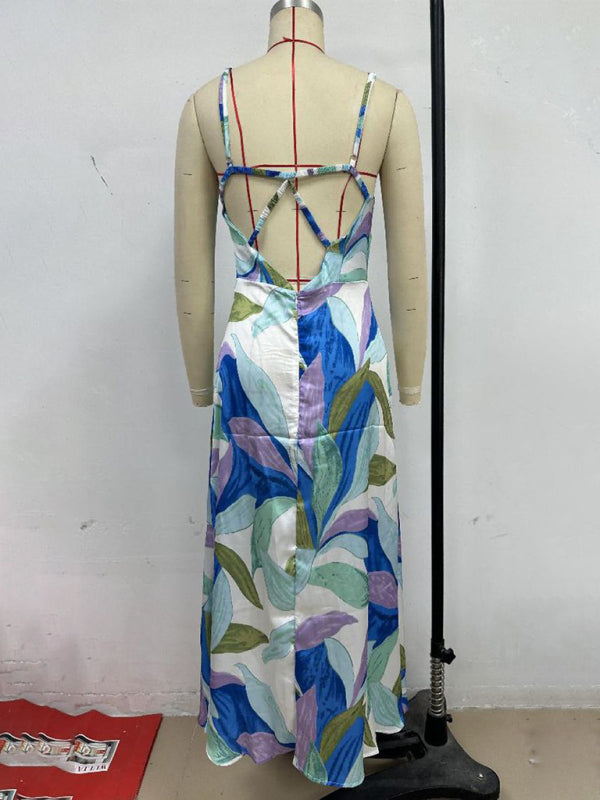 Printed Backless Vacation Maxi Dress – Sleeveless, Woven Polyester