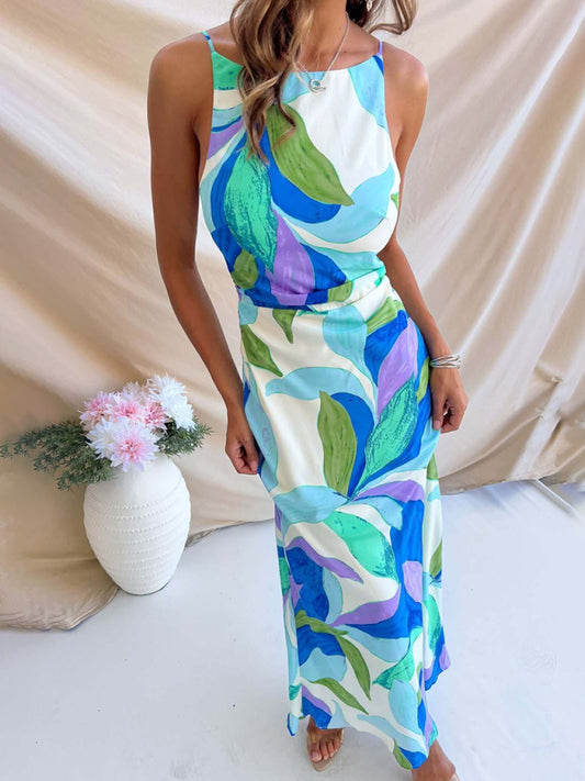 Printed Backless Vacation Maxi Dress – Sleeveless, Woven Polyester