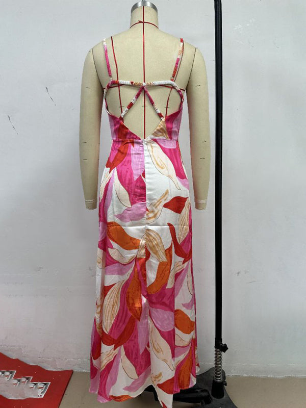 Leaf Print Sleeveless Backless Vacation Dress – Lightweight & Flowy