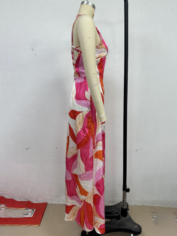 Leaf Print Sleeveless Backless Vacation Dress – Lightweight & Flowy