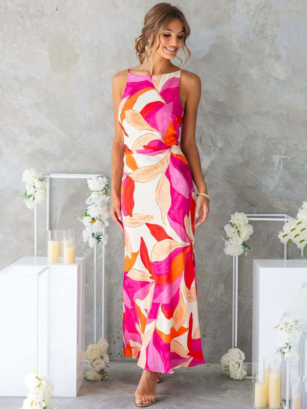 Leaf Print Sleeveless Backless Vacation Dress – Lightweight & Flowy