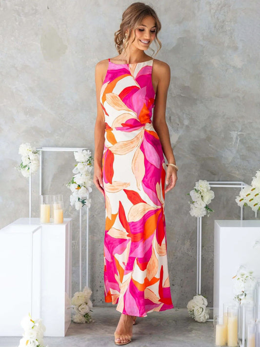 Leaf Print Sleeveless Backless Vacation Dress – Lightweight & Flowy