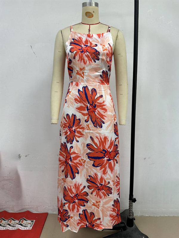 Orange Floral Backless Sleeveless Maxi Dress