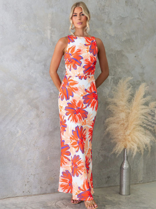 Fashion Orange Floral Print Sleeveless Backless Dress