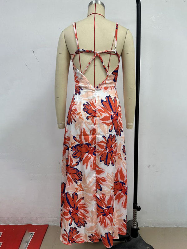 Orange Floral Backless Sleeveless Maxi Dress