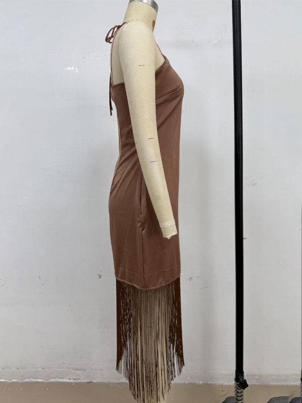 Off-the-Shoulder Tassel Bodycon Dress – Woven, Spring-Summer Fit