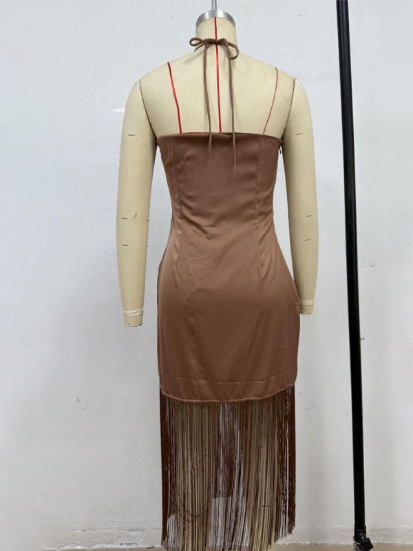 Off-the-Shoulder Tassel Bodycon Dress – Woven, Spring-Summer Fit
