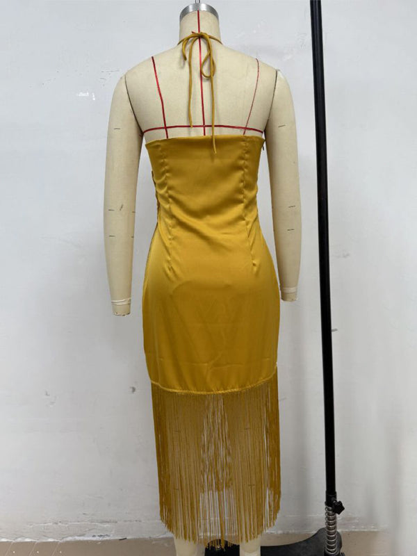 Off-the-Shoulder Tassel Bodycon Dress – Woven, Spring-Summer Fit