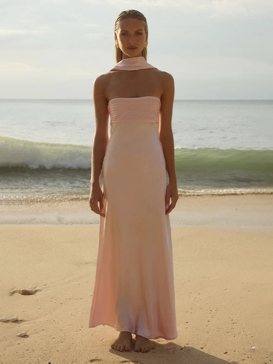 Satin Lace-Up Tube Dress – Woven Midi Dress for Spring & Summer