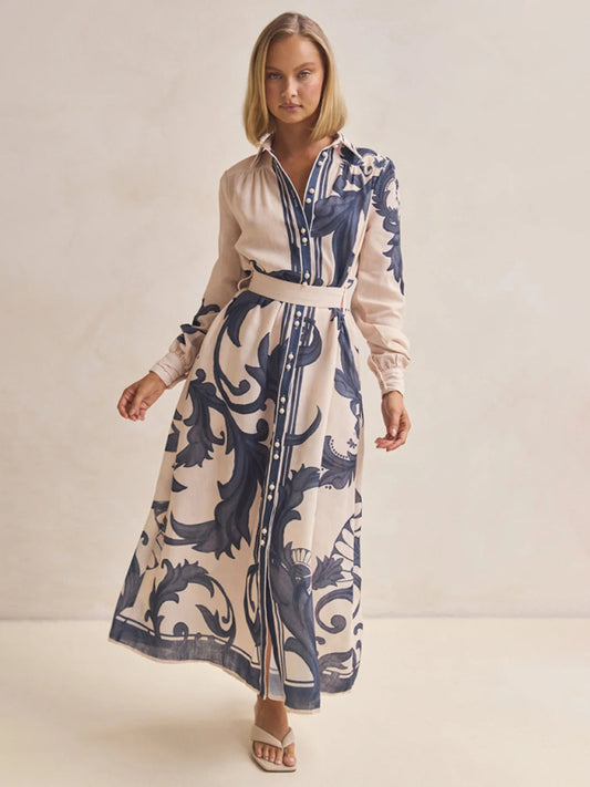 Vintage-Inspired Fashion Print Belted Dress – Flowy Fit & Long Sleeves