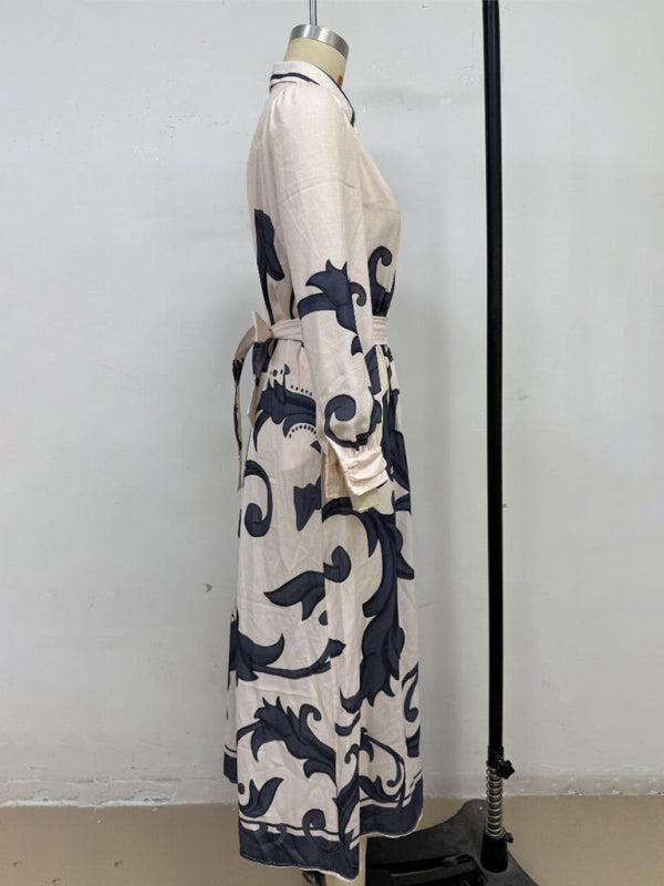Vintage-Inspired Fashion Print Belted Dress – Flowy Fit & Long Sleeves
