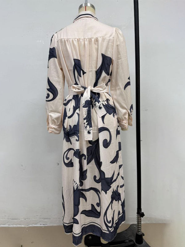 Vintage-Inspired Fashion Print Belted Dress – Flowy Fit & Long Sleeves