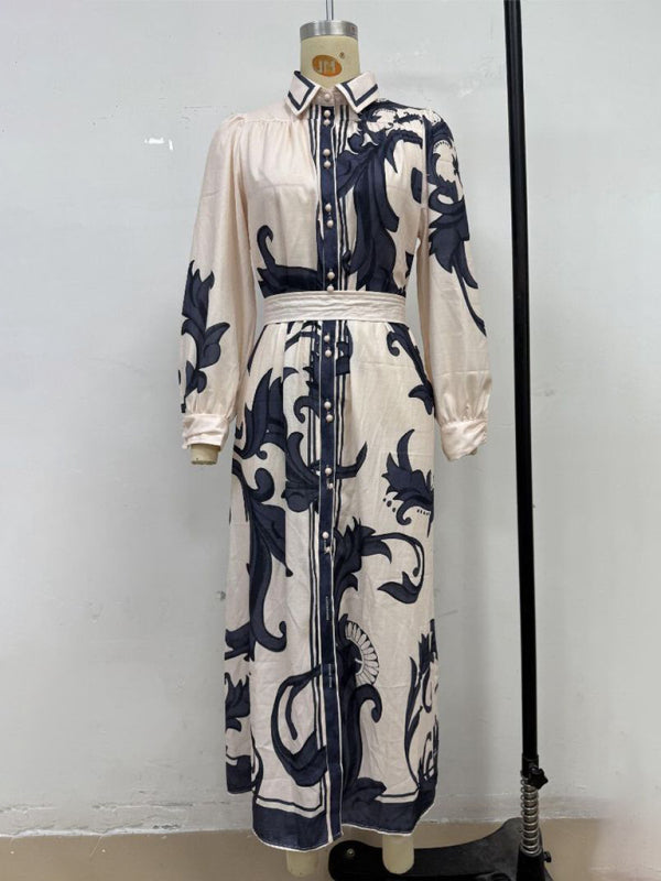 Vintage-Inspired Fashion Print Belted Dress – Flowy Fit & Long Sleeves
