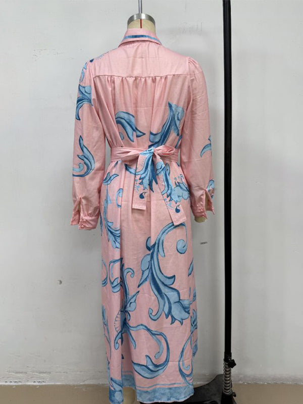 Vintage-Inspired Fashion Print Belted Dress – Flowy Fit & Long Sleeves